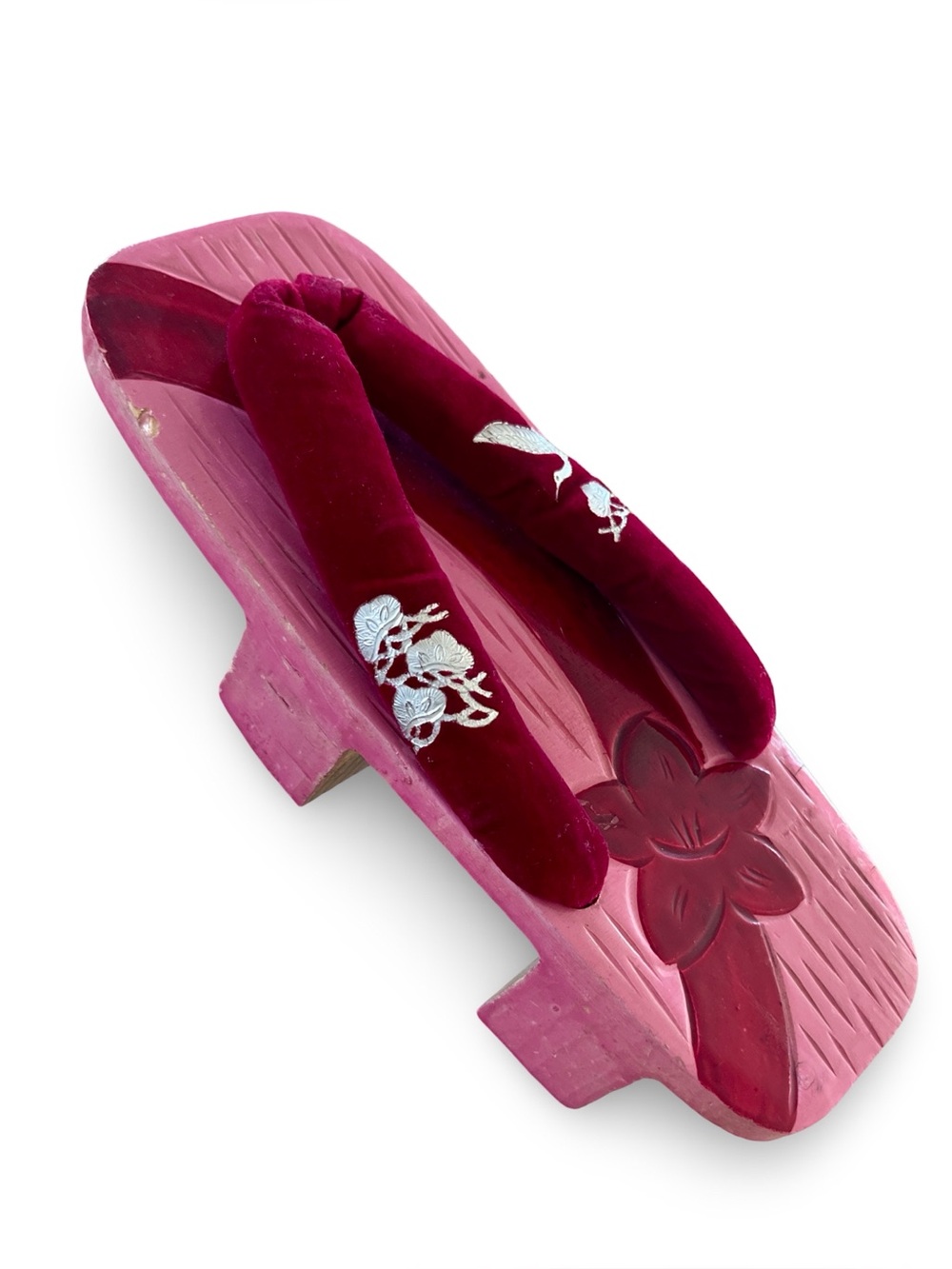 Vtg 1940s 1950s Japanese Wooden Geta Sandals Velvet Crane Embroidered Clogs - Picture 3 of 7